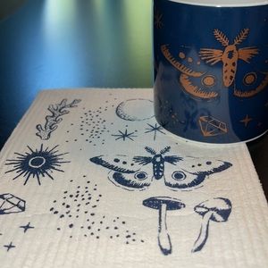 “Mystique” celestial/nature artwork ceramic mug & matching Swedish dishcloth-new